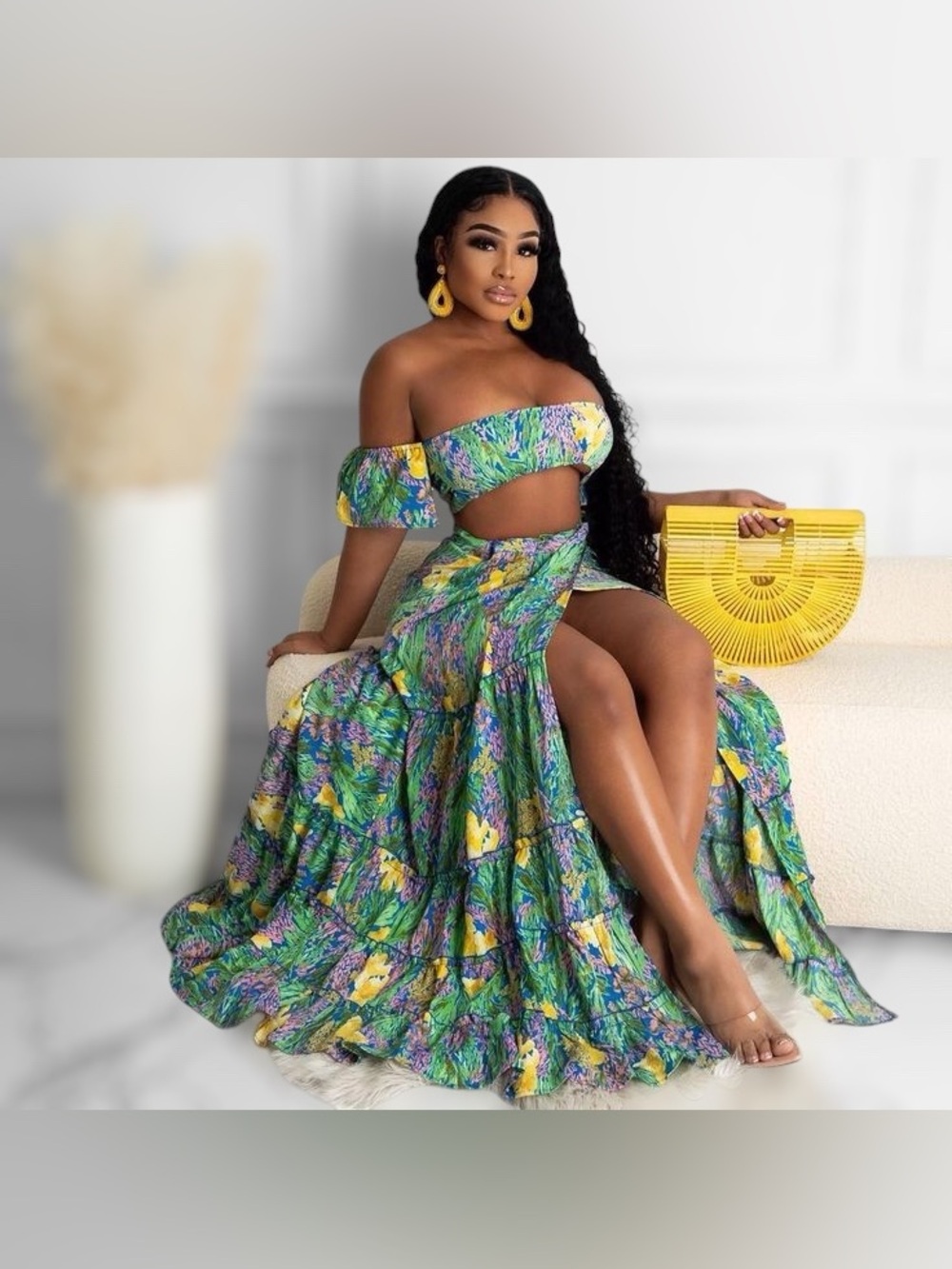 Floral Crop Top Tiered Maxi Skirt Set